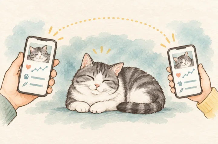 眠る猫をはさんで、2人の手に持ったスマホに同じ猫の記録が表示され、点線でつながっている水彩イラスト